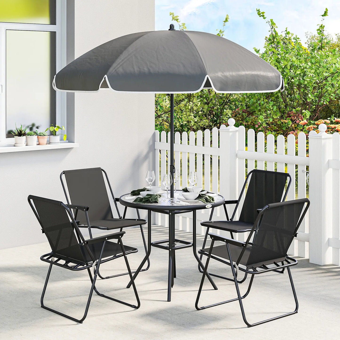 6 Piece Patio Dining Set, Glass Table, Folding Chairs, Black Outdoor Dining Sets at Gallery Canada