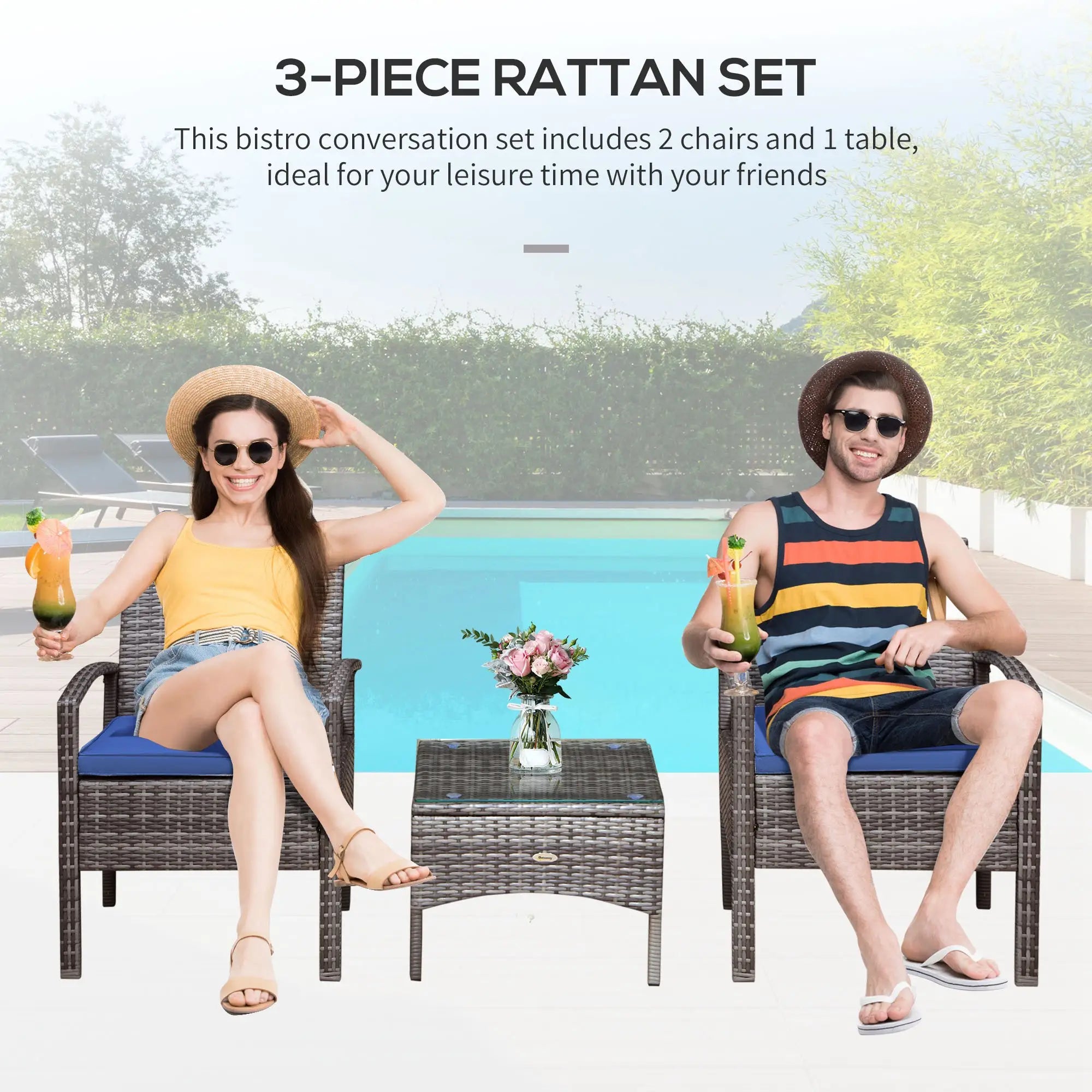 3-Piece Wicker Patio Set, Rattan Bistro with Coffee Table, Cushions, Blue Bistro Sets at Gallery Canada