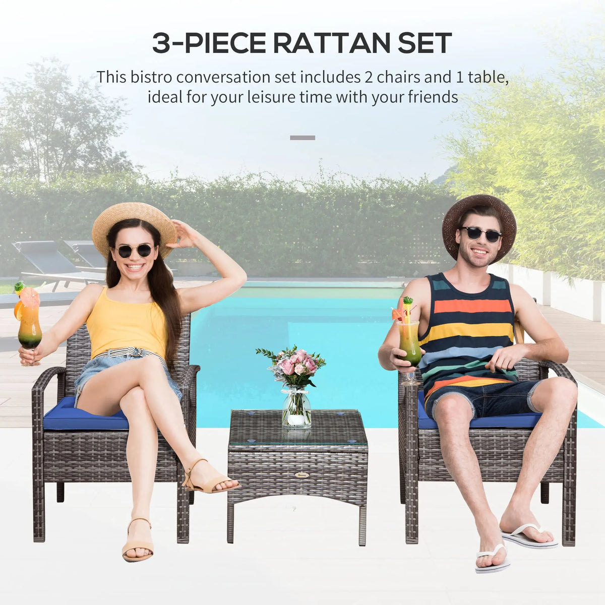 3-Piece Wicker Patio Set, Rattan Bistro with Coffee Table, Cushions, Blue Bistro Sets at Gallery Canada