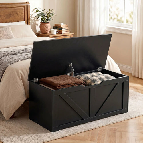 31.5 Inch Storage Chest Trunk with Safety Hinge, Black Wood Grain, Black