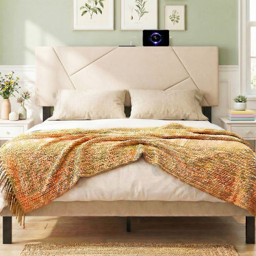 Full Size Bed Headboard, Queen Geometric Upholstered, Beige