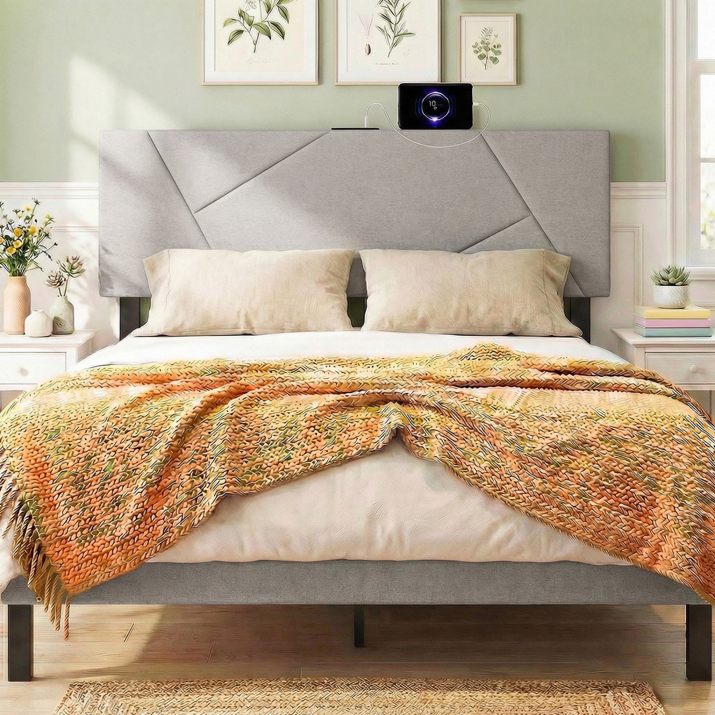 Full Size Queen Geometric Upholstered Headboard, Gray Headboards at Gallery Canada