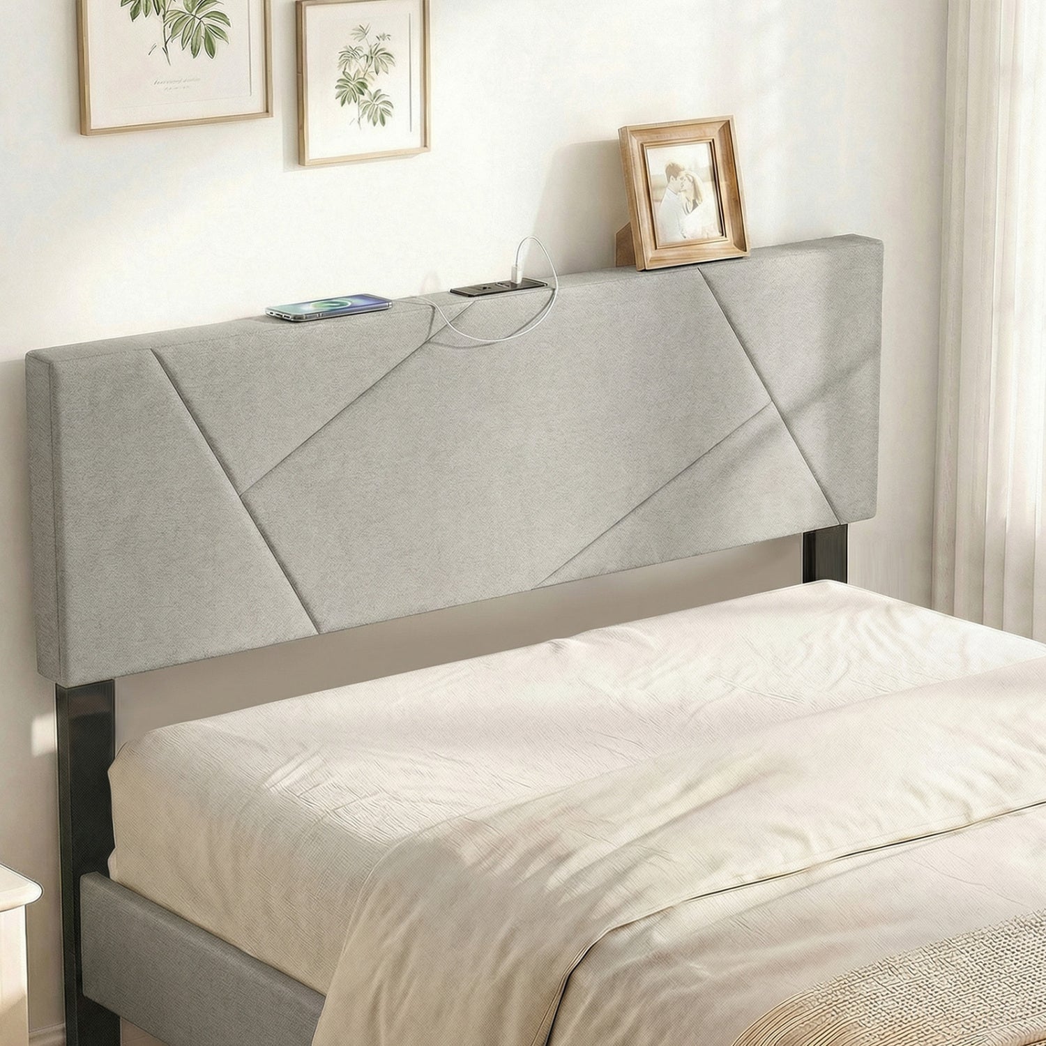 Full Size Queen Geometric Upholstered Headboard, Gray Headboards at Gallery Canada