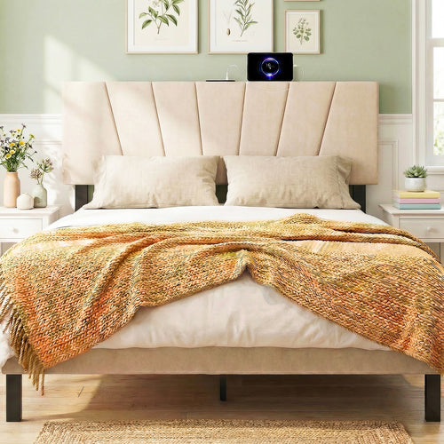 Geometric Upholstered Headboard, Queen Full Size, Beige
