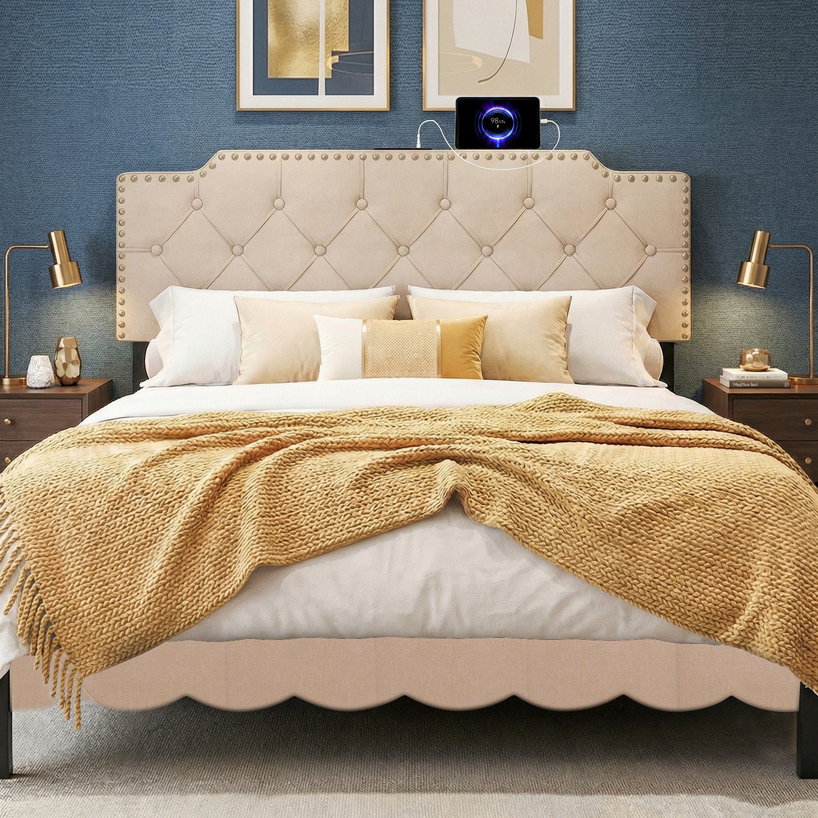 Rivet Tufted Upholstered Headboard, Queen Full Size, Beige Headboards at Gallery Canada