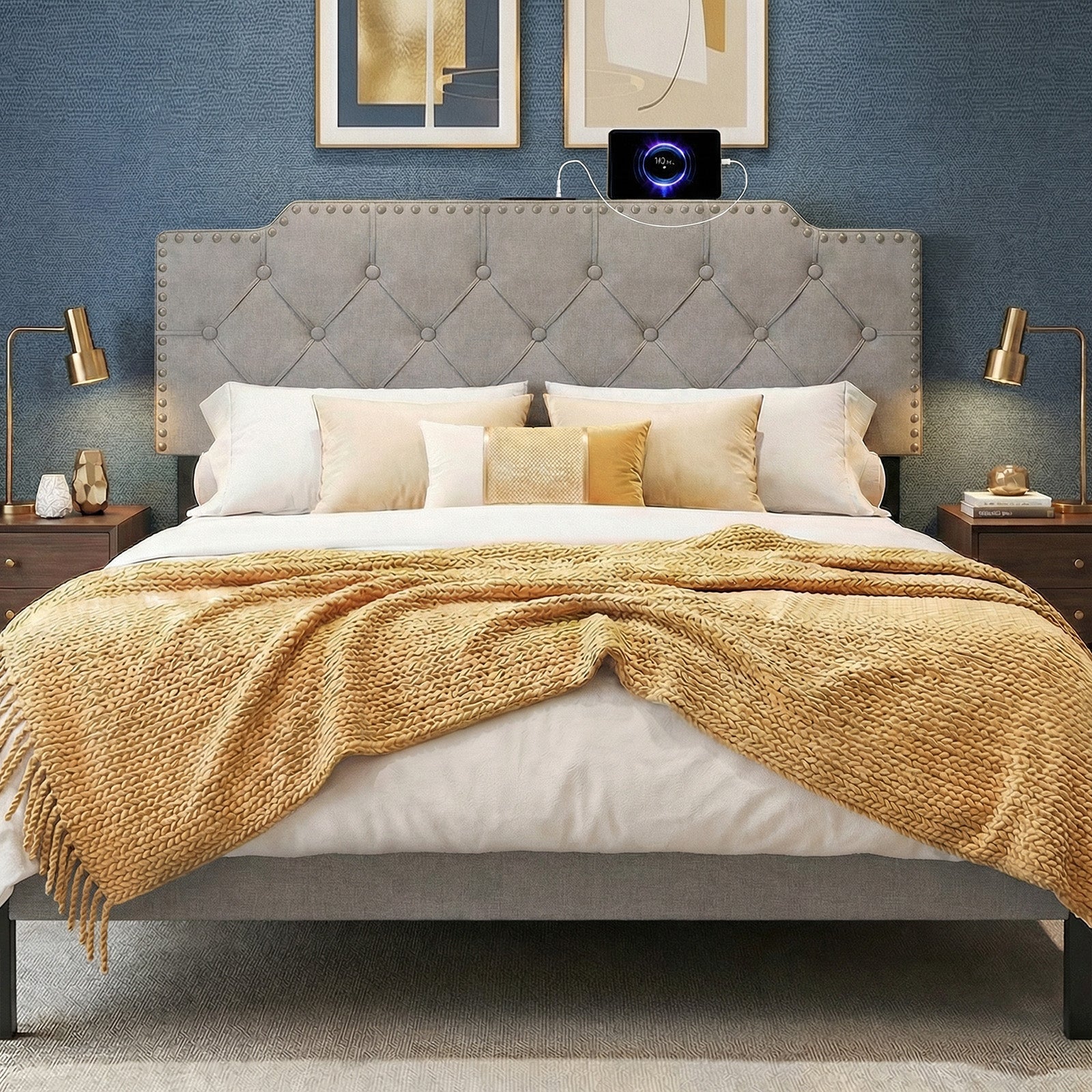 Queen Full Size Bed Headboard, Rivet Tufted Upholstered, Gray Headboards at Gallery Canada
