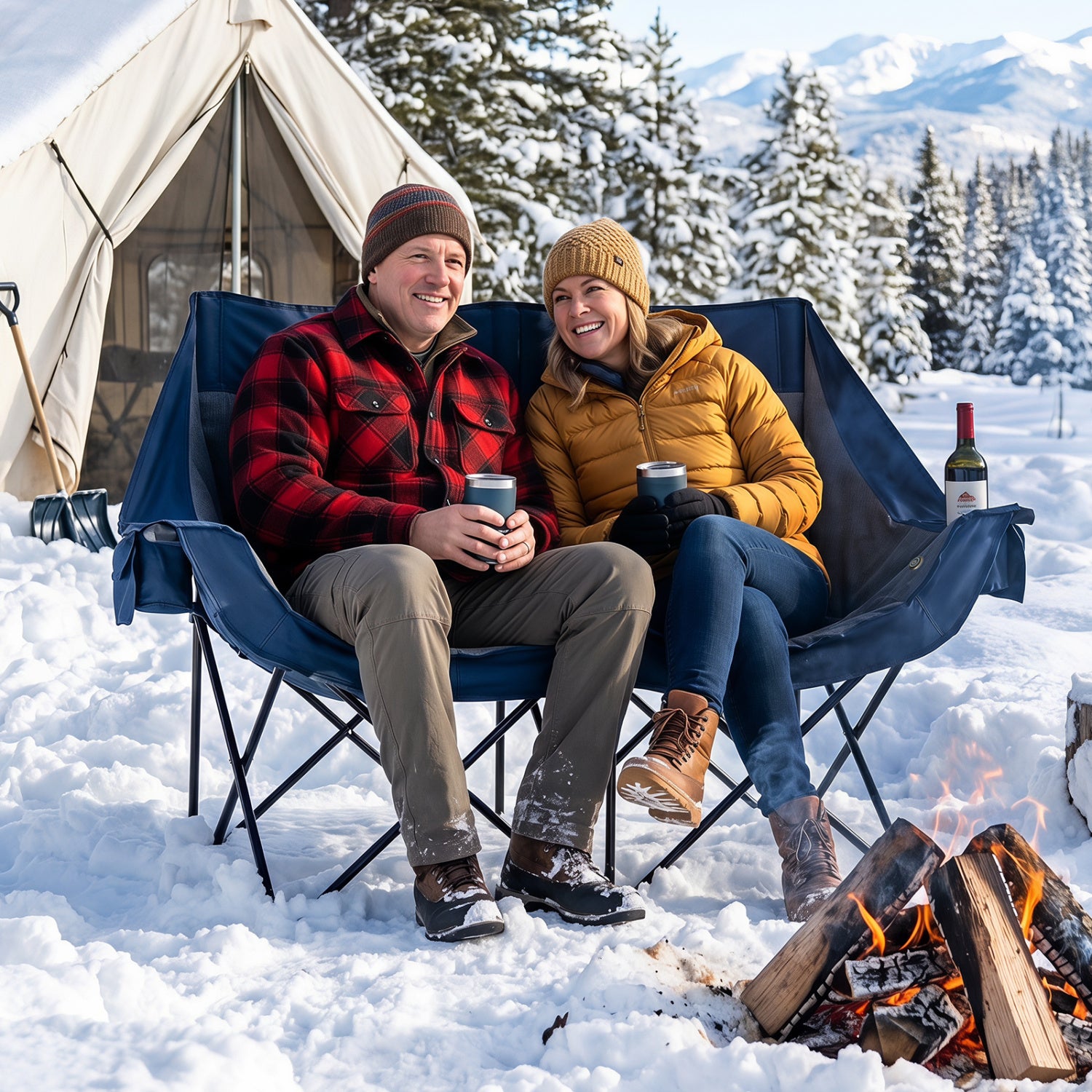 Heated Double Camping Chair, 4 Heating Zones, Wine Holders, Navy Camping Furniture at Gallery Canada