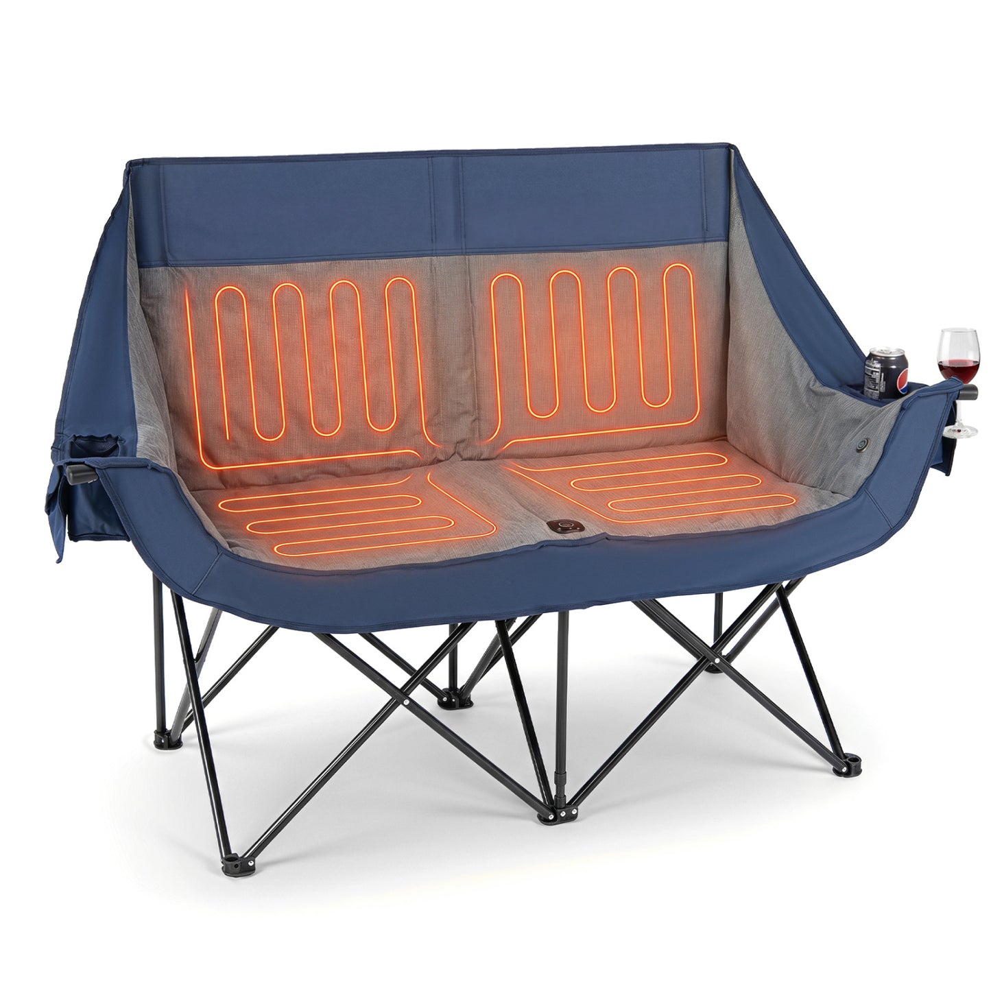 Heated Double Camping Chair, 4 Heating Zones, Wine Holders, Navy Camping Furniture at Gallery Canada