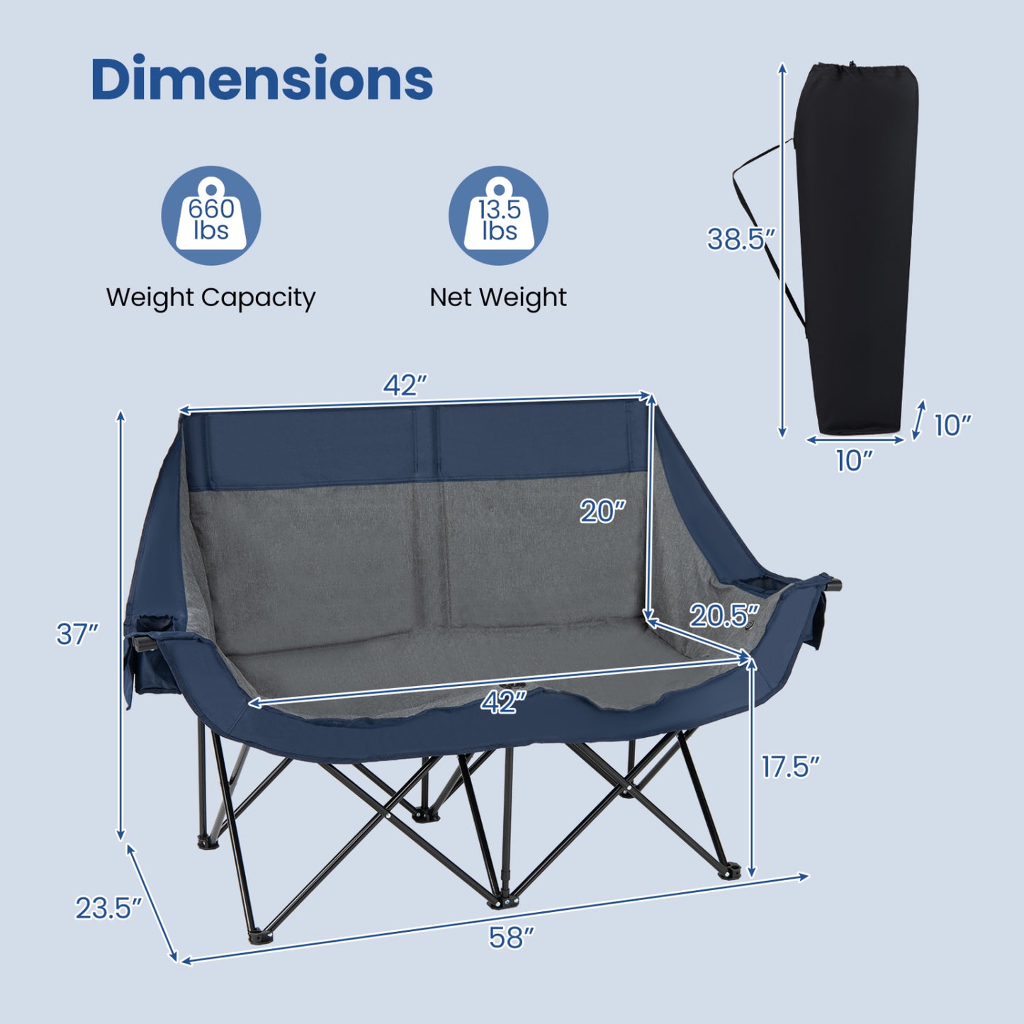 Heated Double Camping Chair, 4 Heating Zones, Wine Holders, Navy Camping Furniture at Gallery Canada