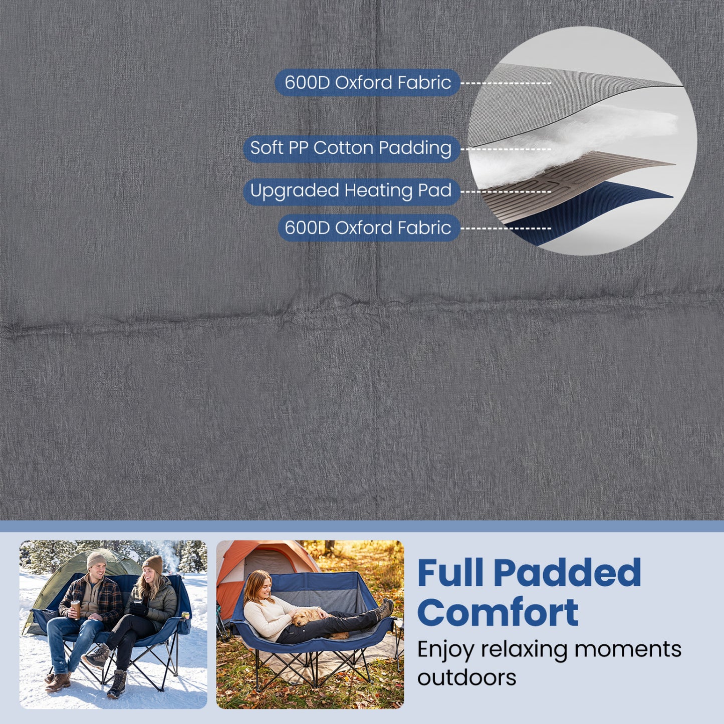 Heated Double Camping Chair, 4 Heating Zones, Wine Holders, Navy Camping Furniture at Gallery Canada
