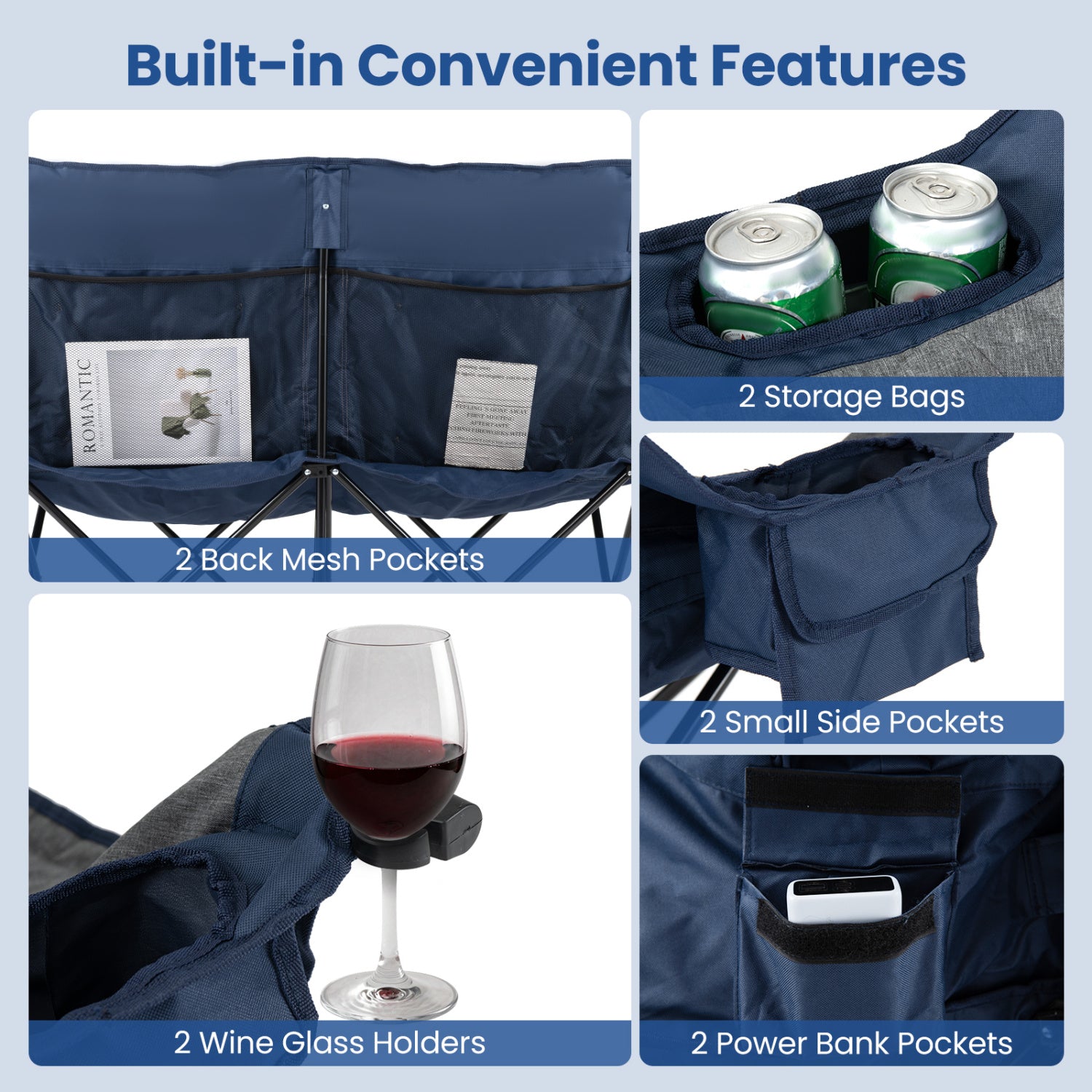 Heated Double Camping Chair, 4 Heating Zones, Wine Holders, Navy Camping Furniture at Gallery Canada