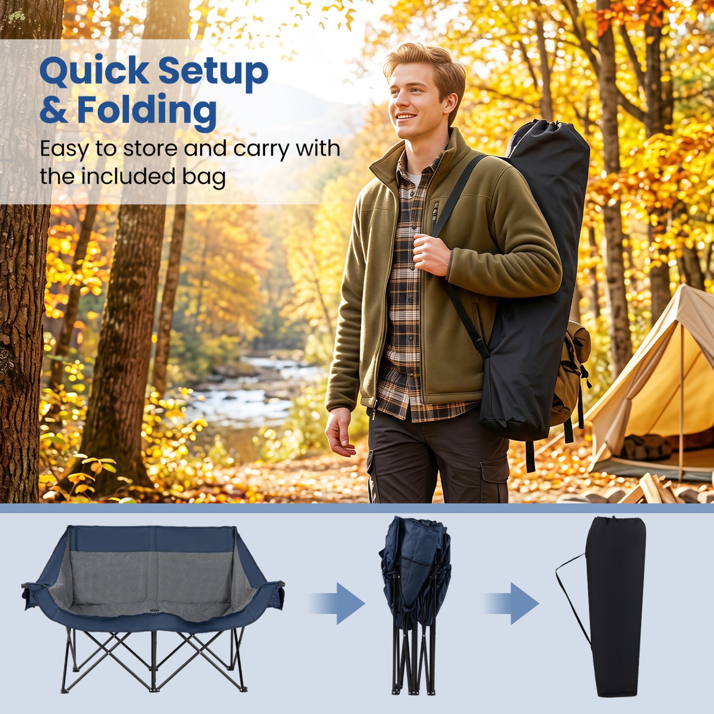 Heated Double Camping Chair, 4 Heating Zones, Wine Holders, Navy Camping Furniture at Gallery Canada