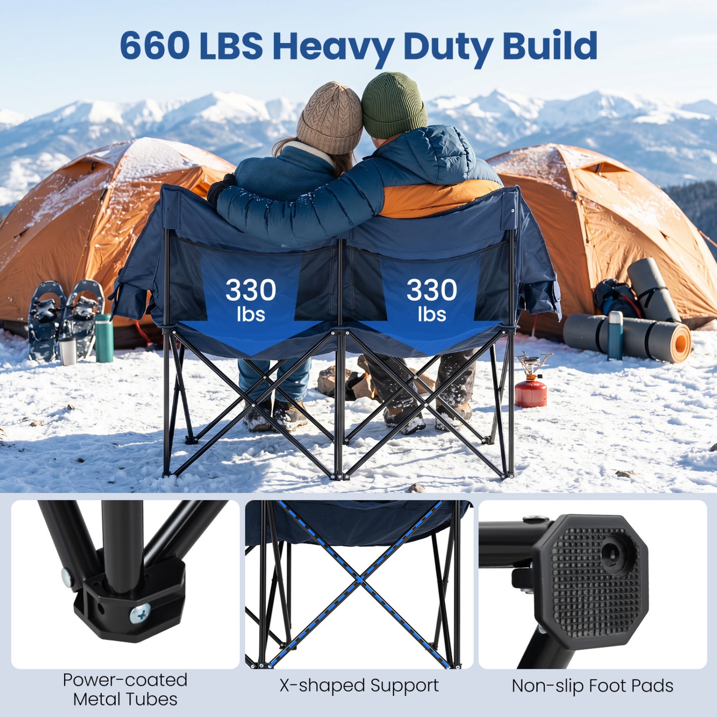 Heated Double Camping Chair, 4 Heating Zones, Wine Holders, Navy Camping Furniture at Gallery Canada