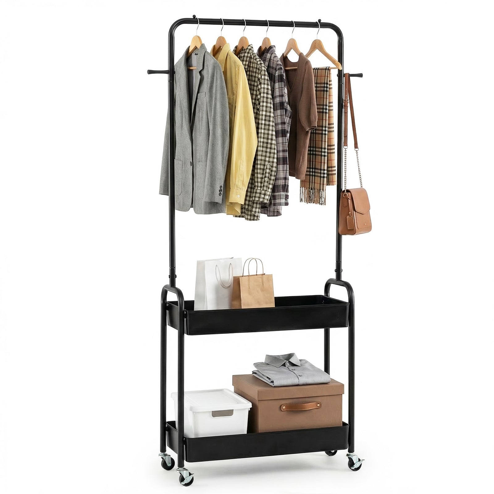 Heavy-Duty Laundry Cart With Hanging Rod, 2 Storage Baskets, Black Clothing & Closet Storage Black at Gallery Canada