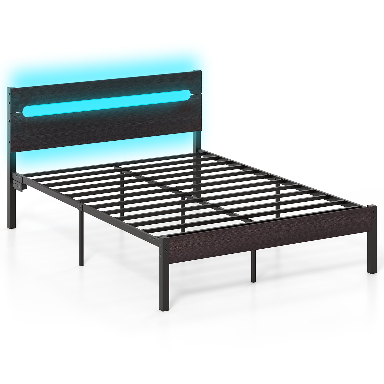 Heavy-Duty Metal Slats Bed Platform With Charging Station, Walnut Simple Bed Frame Walnut at Gallery Canada