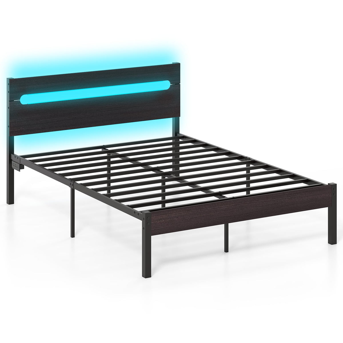 Heavy-Duty Metal Slats Bed Platform With Charging Station, Walnut Simple Bed Frame Walnut at Gallery Canada