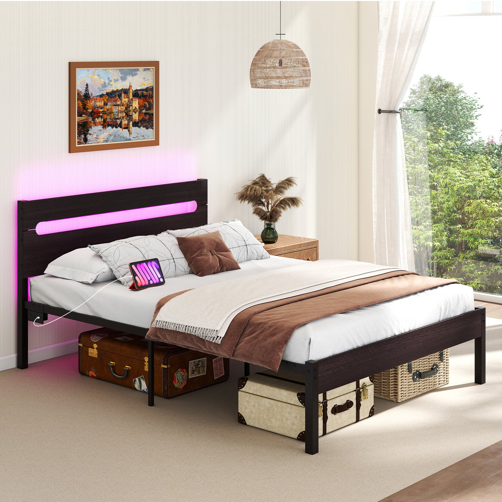 Heavy-Duty Metal Slats Bed Platform With Charging Station, Walnut Simple Bed Frame at Gallery Canada