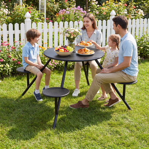 Heavy Duty Round Picnic Table for 4 with Iron Seats & Umbrella Hole, Black