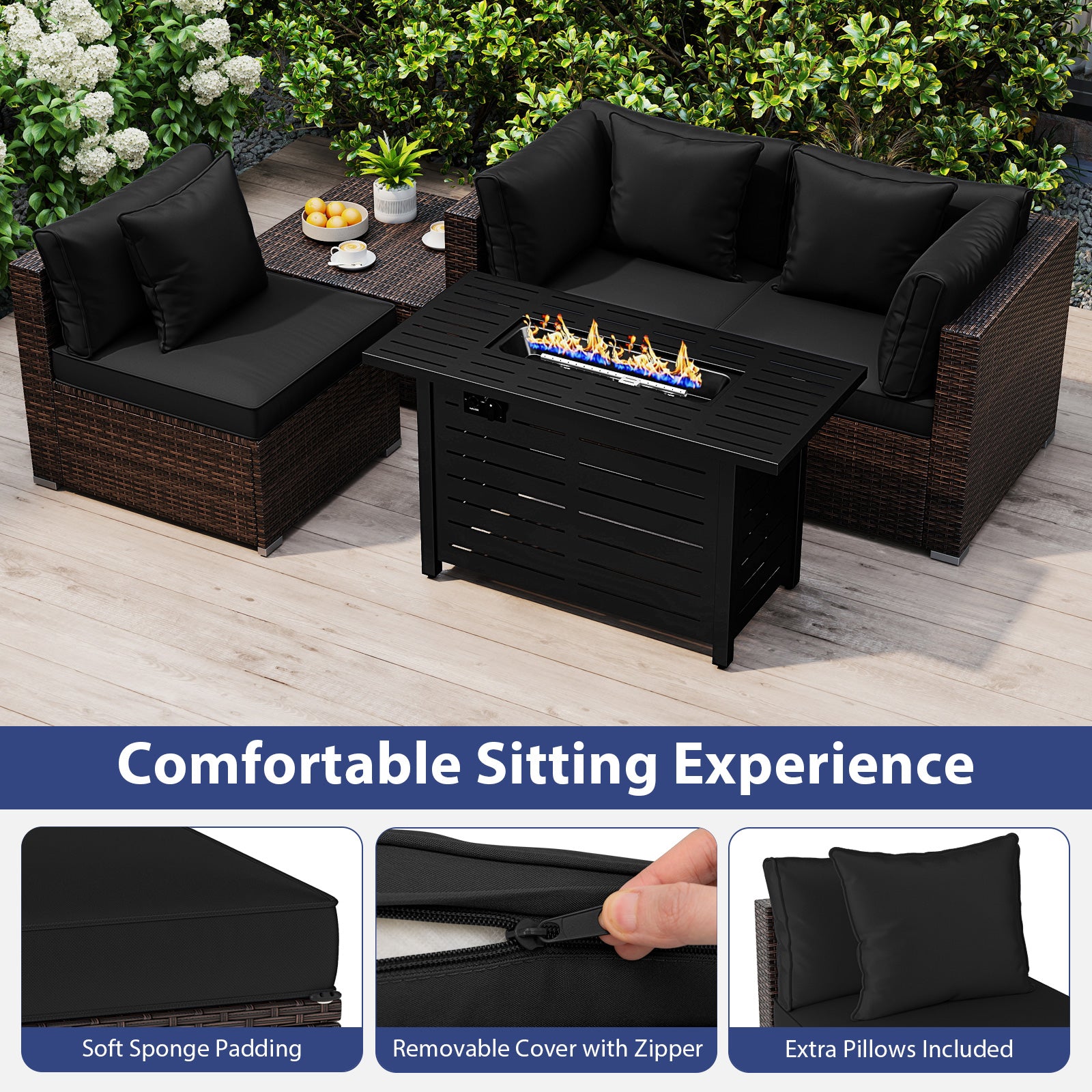 Heavy-duty Frame Rattan Sofa Set with 60000 BTU Firepit Table, Black Outdoor Sectionals at Gallery Canada