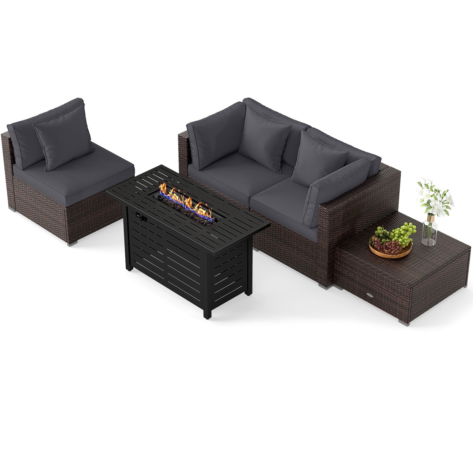 Heavy-duty Frame Rattan Sofa Set with 60000 BTU Firepit Table, Gray Outdoor Sectionals at Gallery Canada