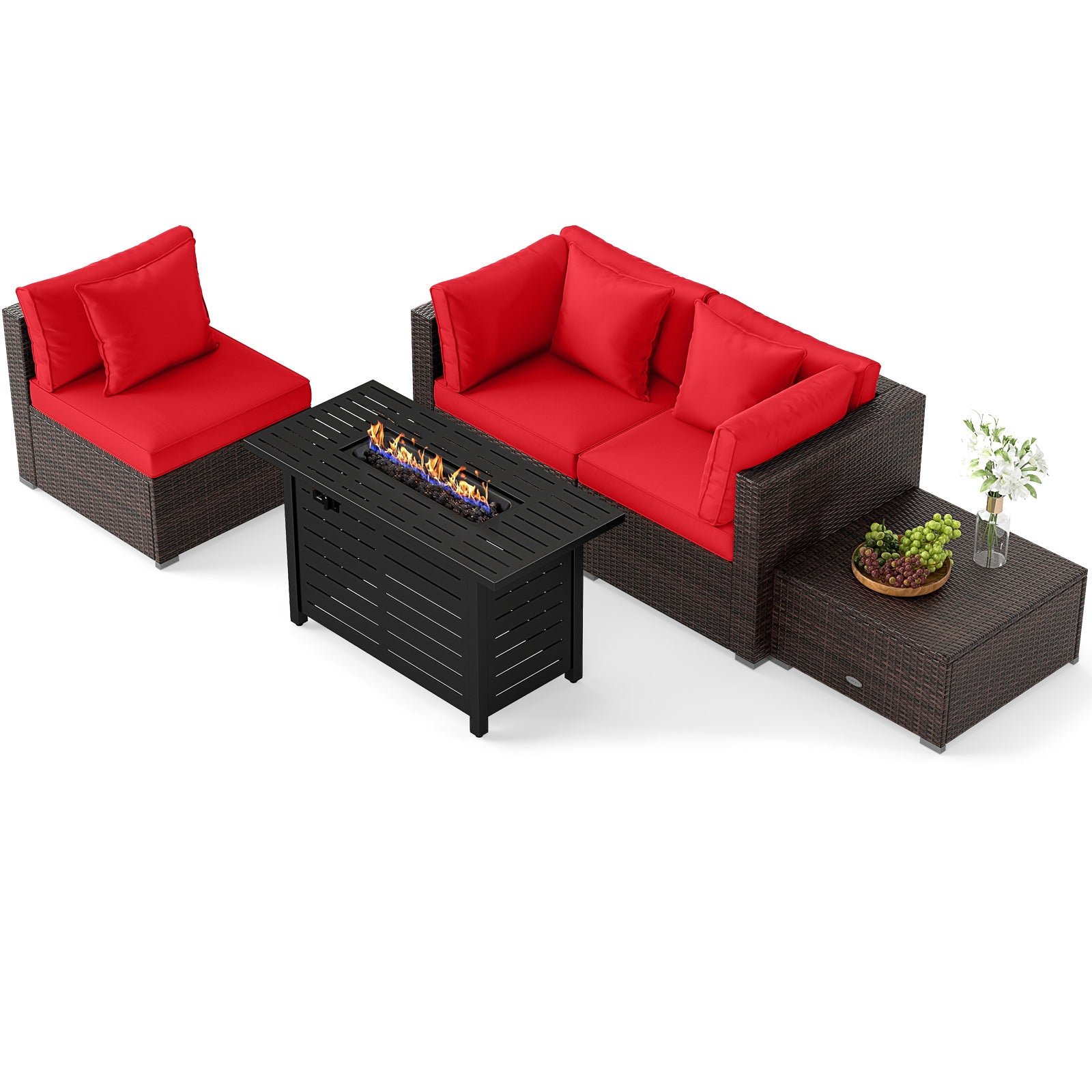 Heavy-duty Frame Rattan Sofa Set with 60000 BTU Firepit Table, Red Outdoor Sectionals at Gallery Canada