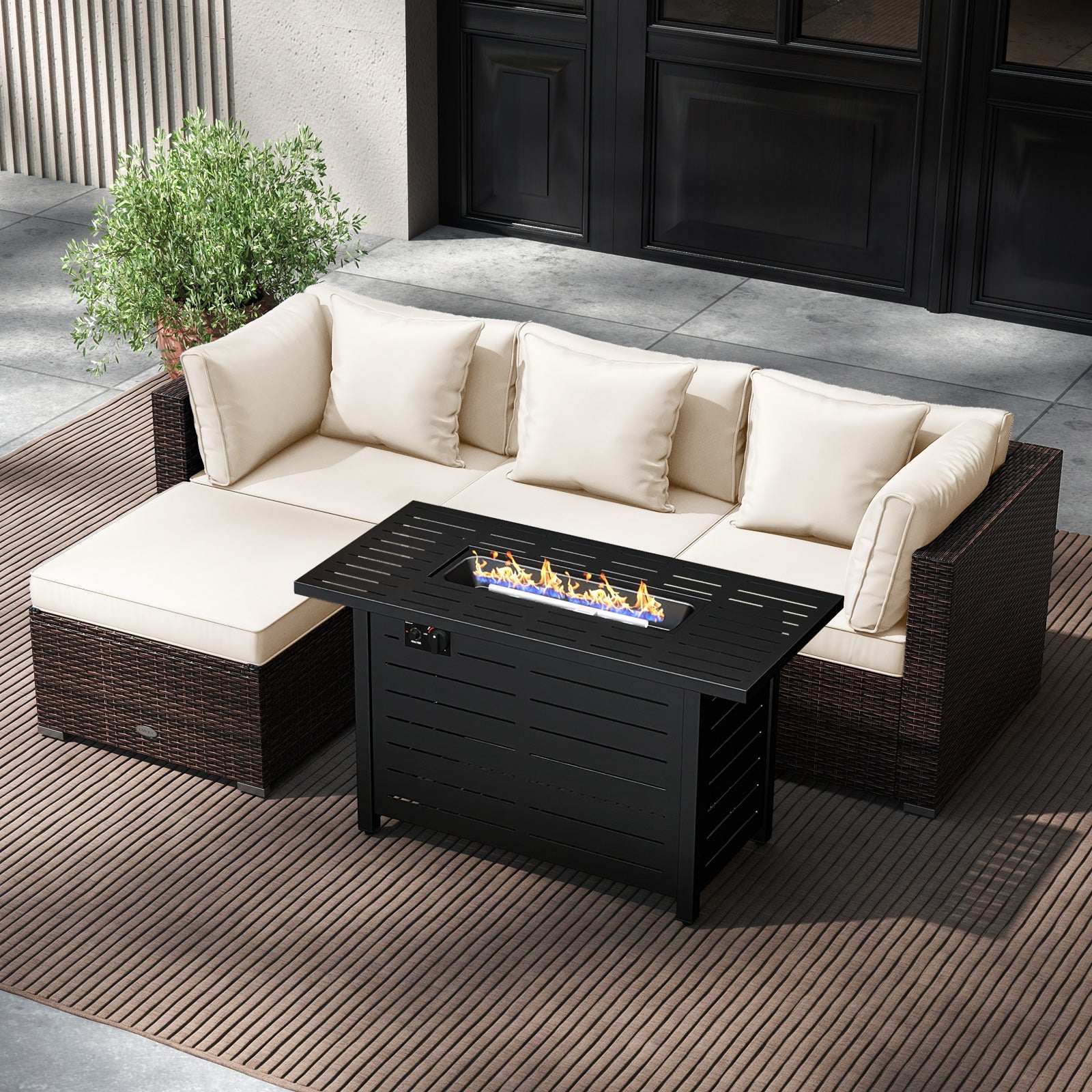 Heavy-duty Frame Rattan Sofa Set with 60000 BTU Firepit Table, Off White Outdoor Sectionals at Gallery Canada