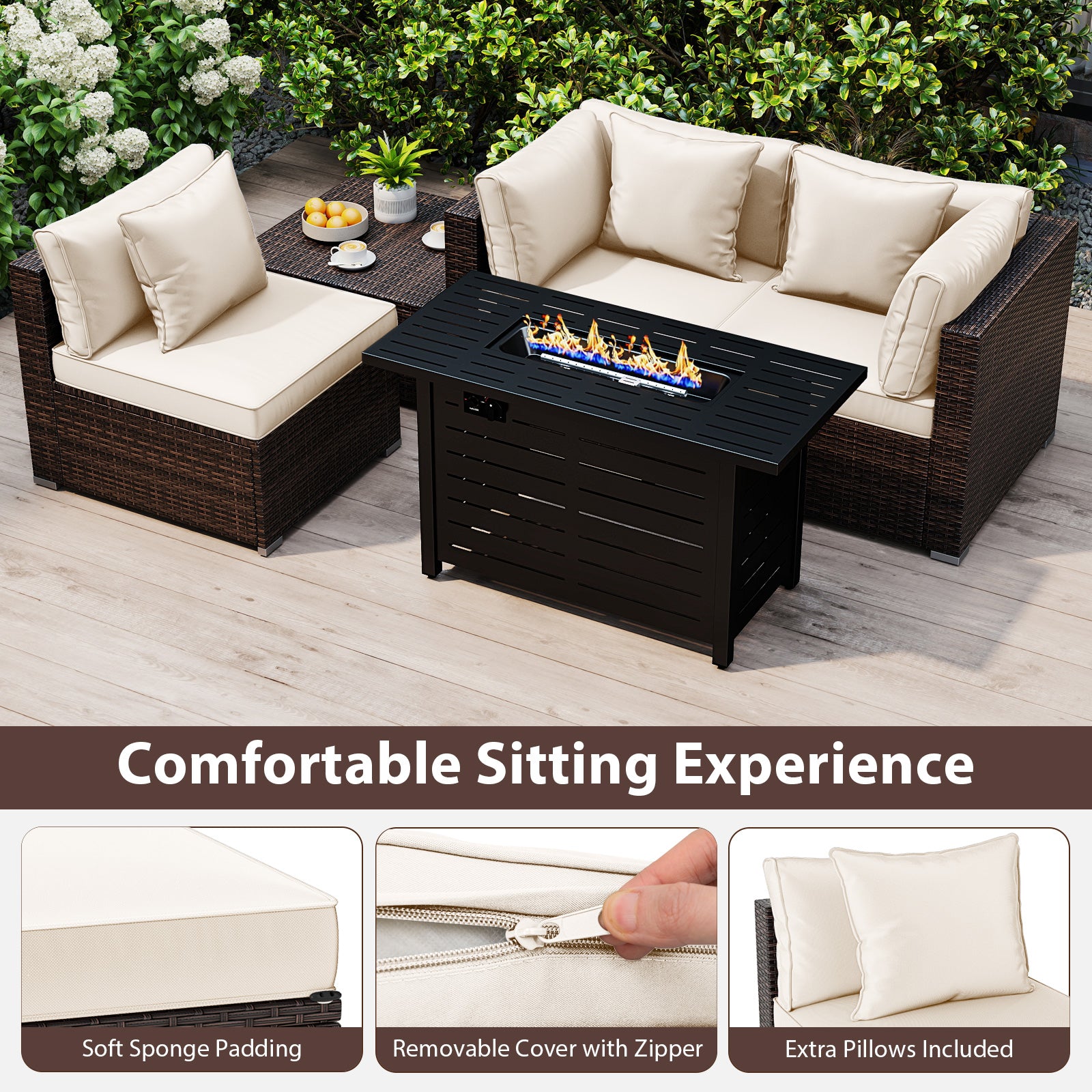 Heavy-duty Frame Rattan Sofa Set with 60000 BTU Firepit Table, Off White Outdoor Sectionals at Gallery Canada