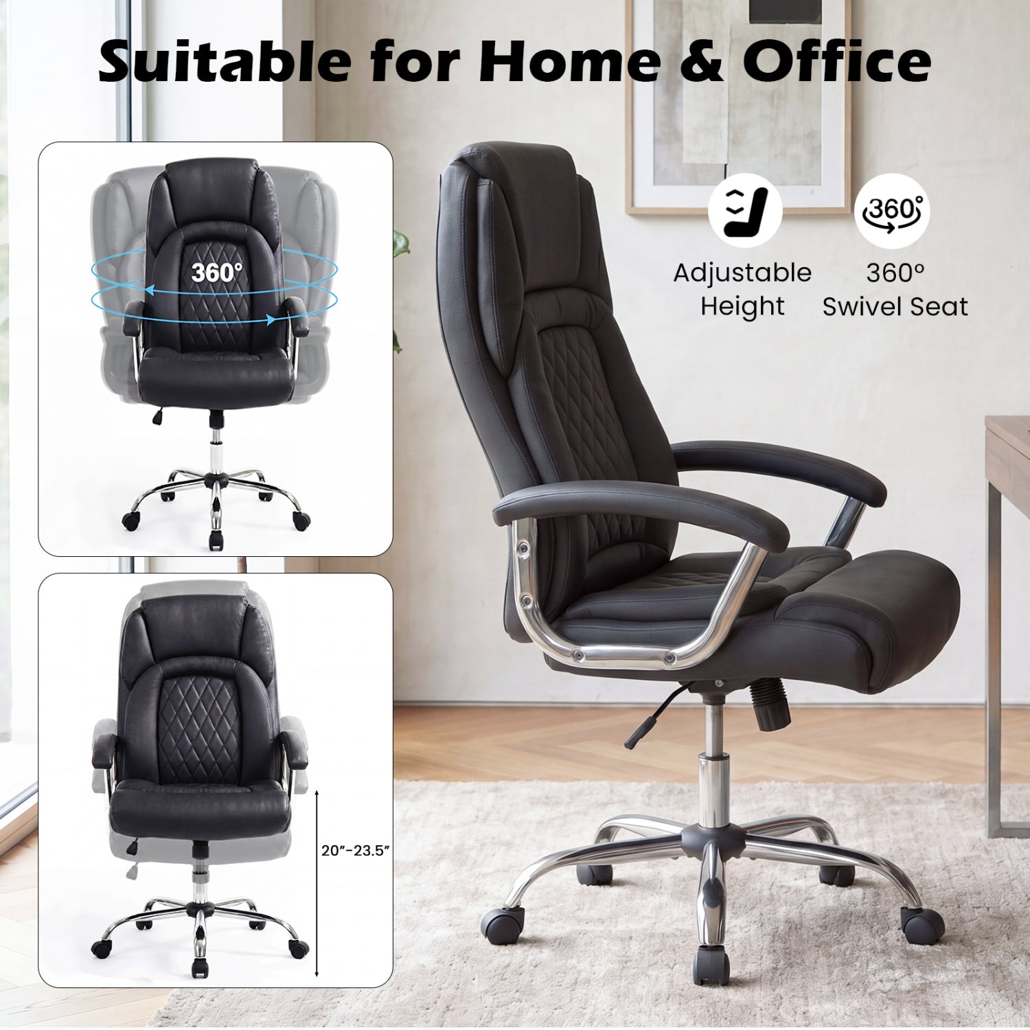 Height Adjustable Executive Chair, Computer Desk Chair, Metal Base, Black Big and Tall Chairs at Gallery Canada
