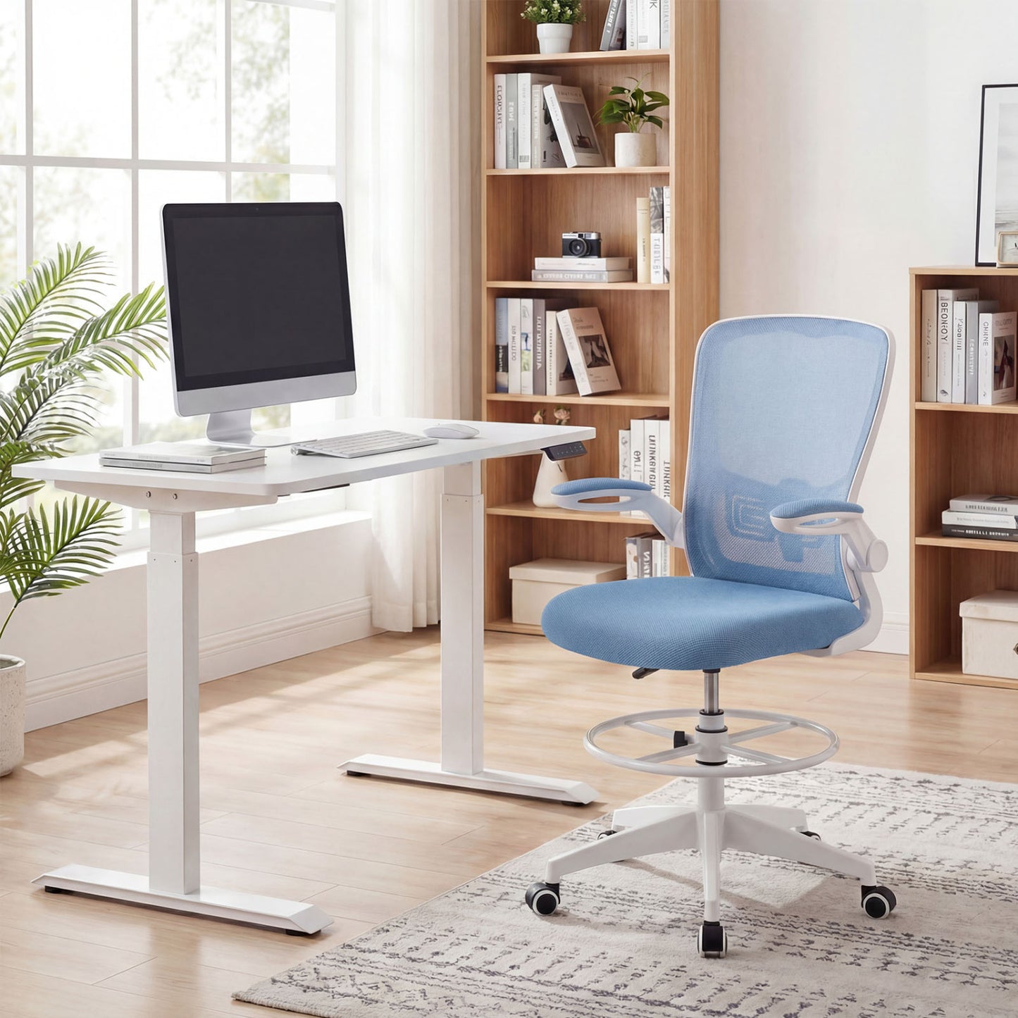 Height Adjustable Drafting Chair With Flip Up Arms, Blue Mesh Chairs at Gallery Canada