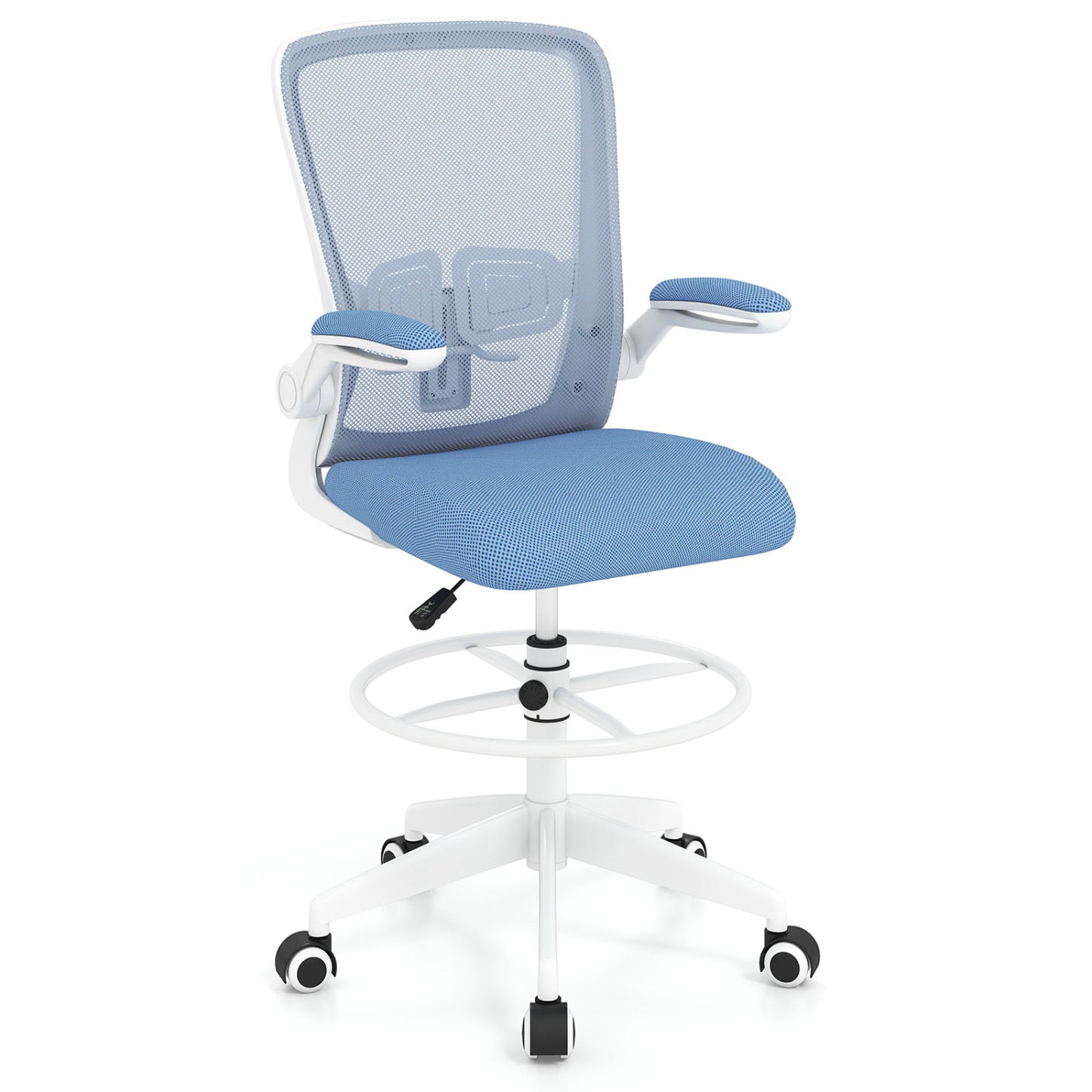 Height Adjustable Drafting Chair With Flip Up Arms, Blue Mesh Chairs at Gallery Canada