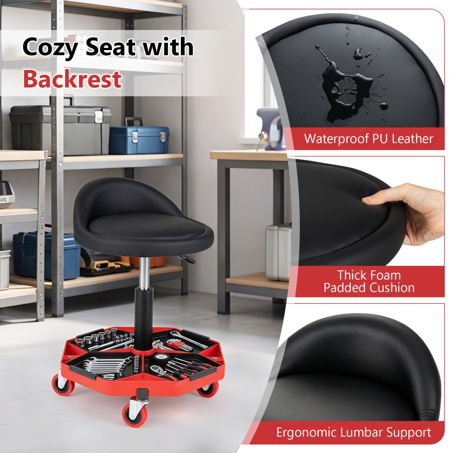 Adjustable Garage Seat, PU Leather Cushion, Red & Black Garages at Gallery Canada