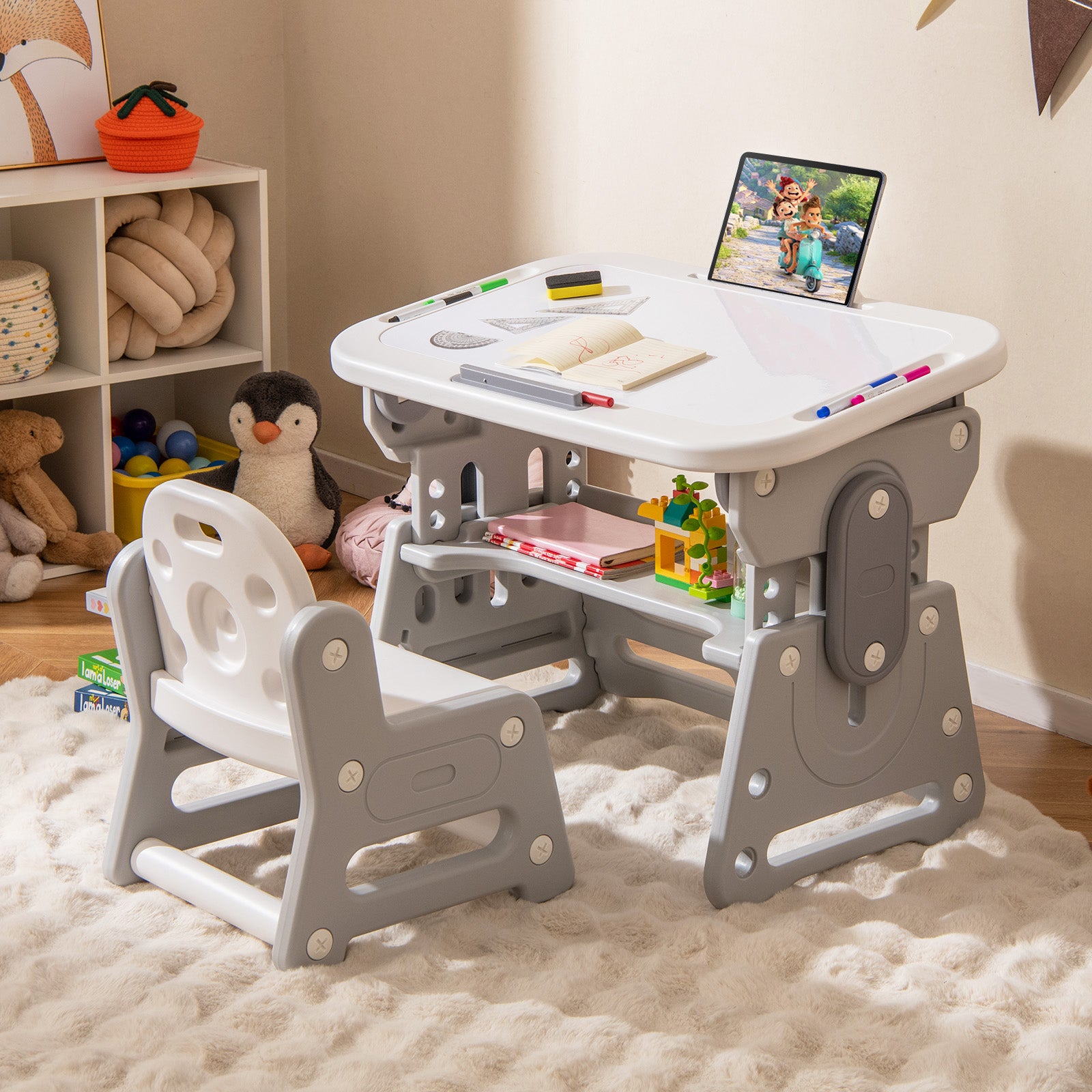 Adjustable Kids Table Chair Set, Tiltable Whiteboard, Concave Shelf, Gray Kids Table & Chair Sets at Gallery Canada