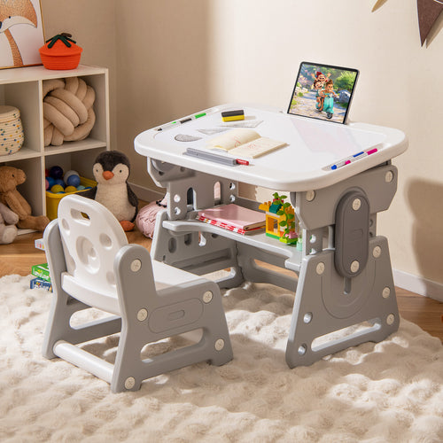 Adjustable Kids Table Chair Set, Tiltable Whiteboard, Concave Shelf, Gray