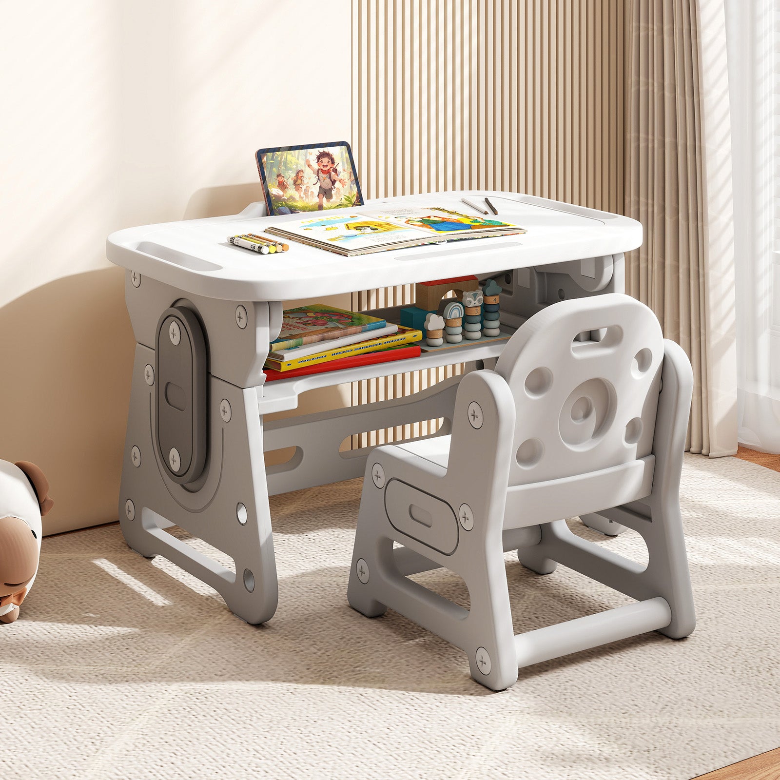 Adjustable Kids Table Chair Set, Tiltable Whiteboard, Concave Shelf, Gray Kids Table & Chair Sets at Gallery Canada
