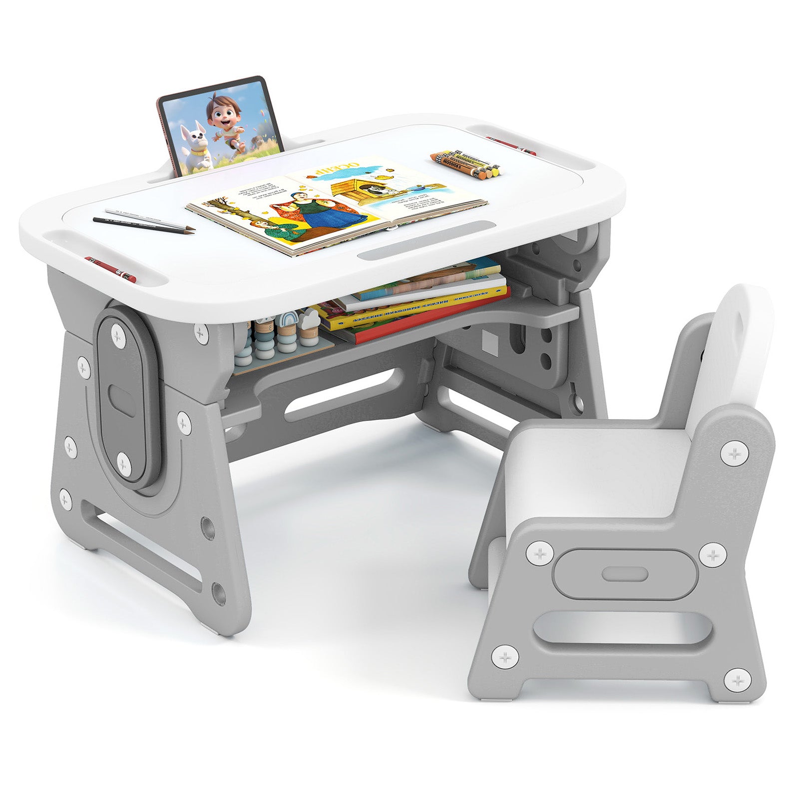 Adjustable Kids Table Chair Set, Tiltable Whiteboard, Concave Shelf, Gray Kids Table & Chair Sets at Gallery Canada