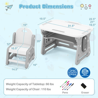 Adjustable Kids Table Chair Set, Tiltable Whiteboard, Concave Shelf, Gray Kids Table & Chair Sets at Gallery Canada
