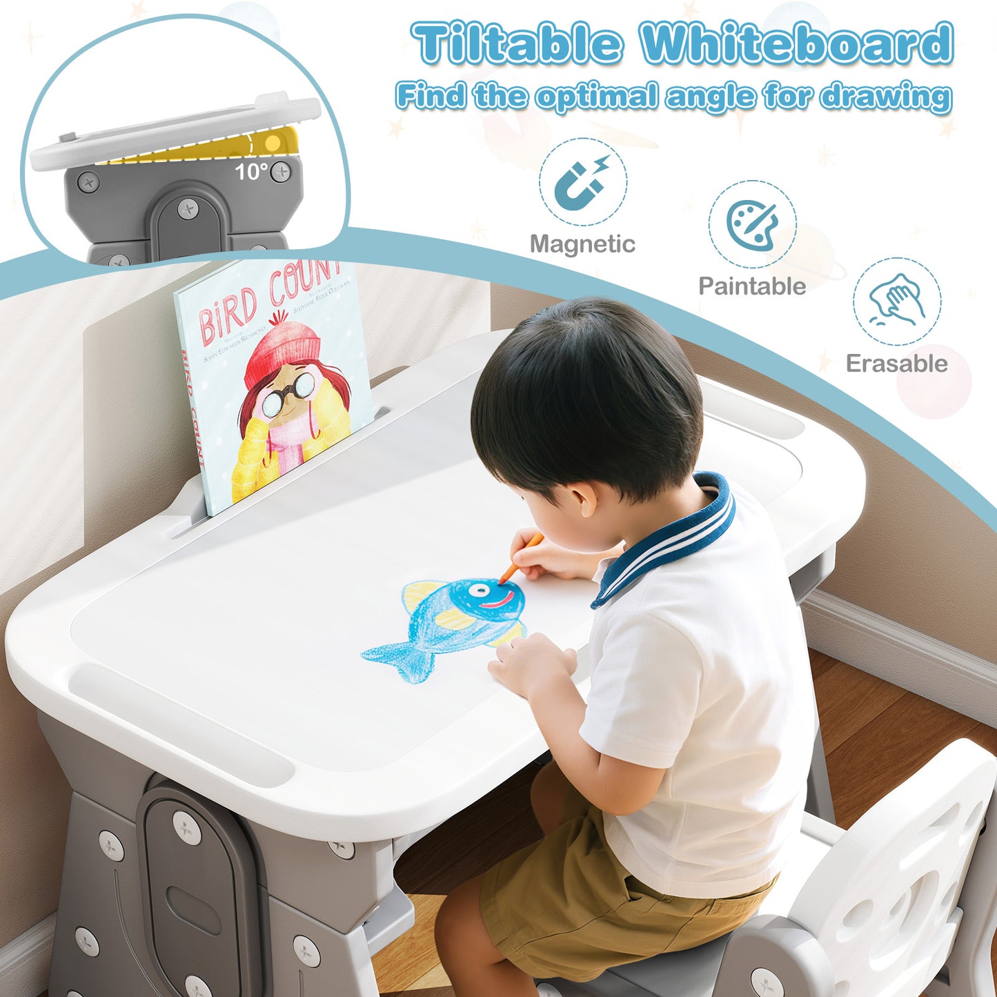 Adjustable Kids Table Chair Set, Tiltable Whiteboard, Concave Shelf, Gray Kids Table & Chair Sets at Gallery Canada