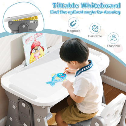 Adjustable Kids Table Chair Set, Tiltable Whiteboard, Concave Shelf, Gray Kids Table & Chair Sets at Gallery Canada