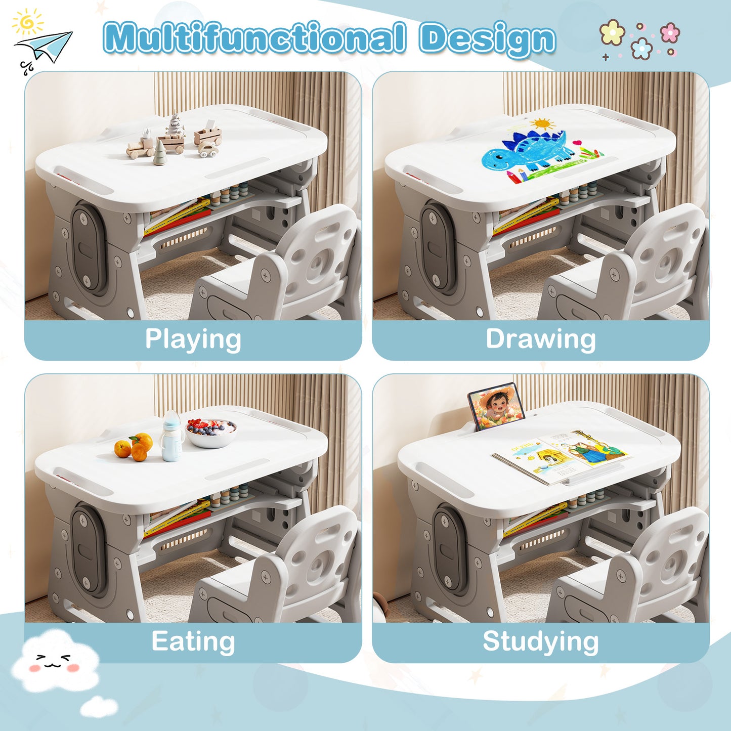 Adjustable Kids Table Chair Set, Tiltable Whiteboard, Concave Shelf, Gray Kids Table & Chair Sets at Gallery Canada