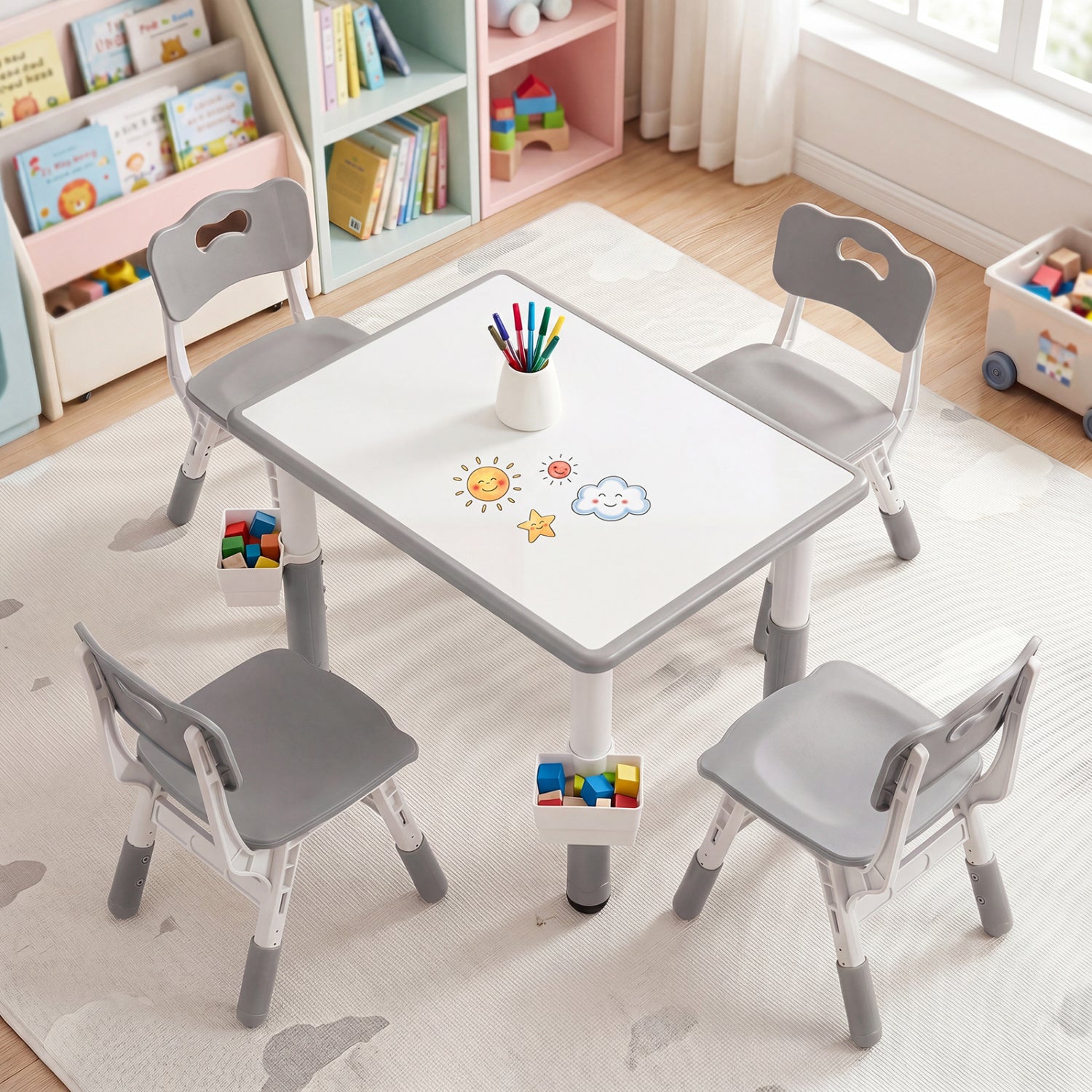 Kids Adjustable Table & 4 Chairs Set, with Storage Baskets, Gray Kids Table & Chair Sets at Gallery Canada