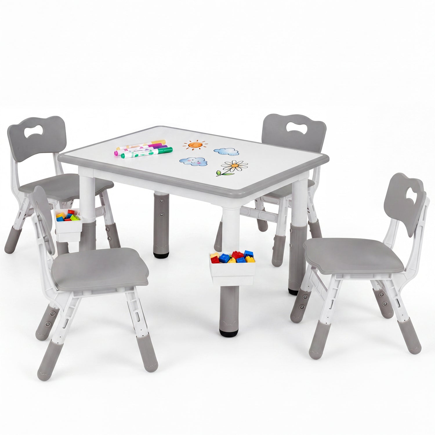 Kids Adjustable Table & 4 Chairs Set, with Storage Baskets, Gray Kids Table & Chair Sets at Gallery Canada