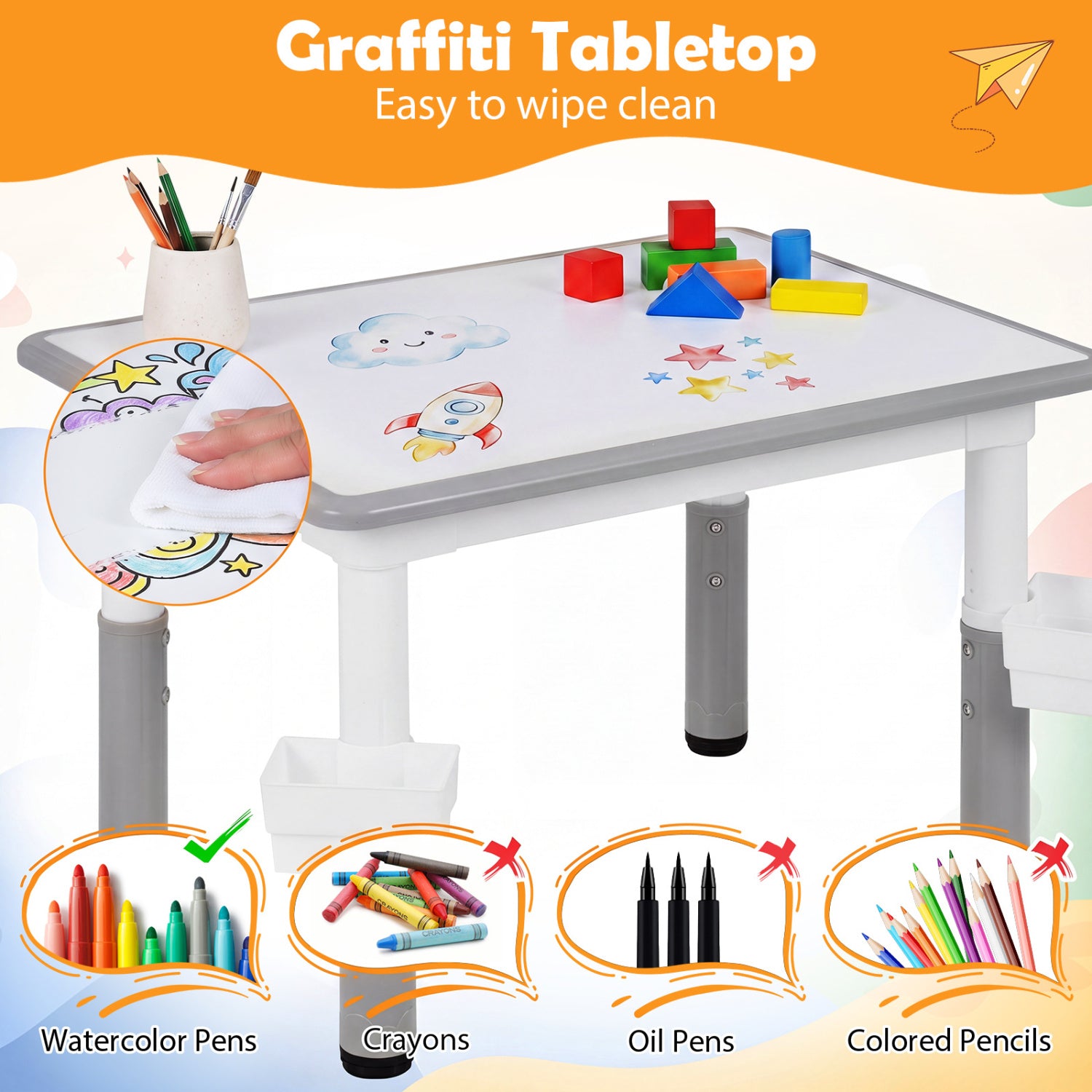 Kids Adjustable Table & 4 Chairs Set, with Storage Baskets, Gray Kids Table & Chair Sets at Gallery Canada