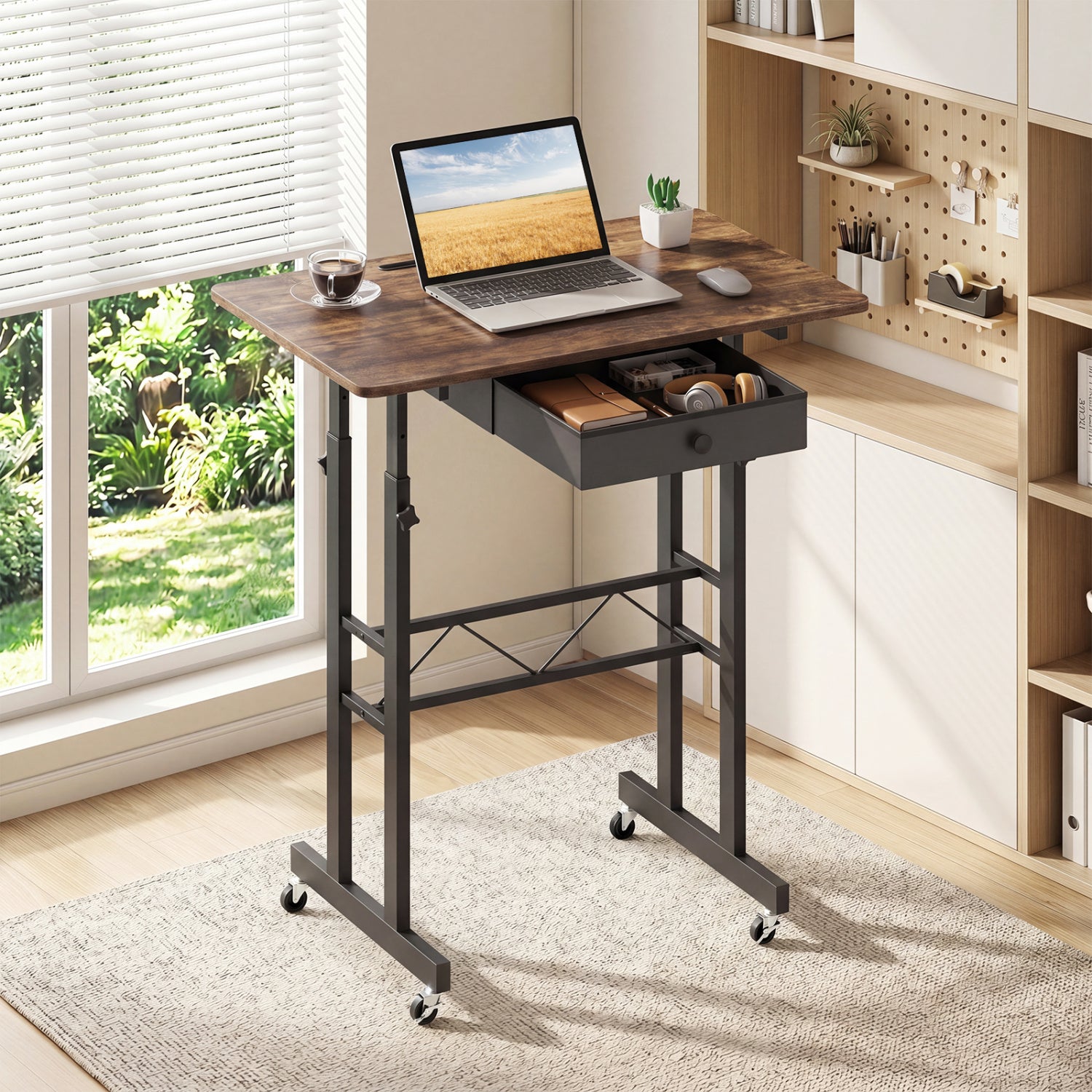 Height Adjustable Laptop Desk With Drawer, Rustic Brown Standing Desks at Gallery Canada
