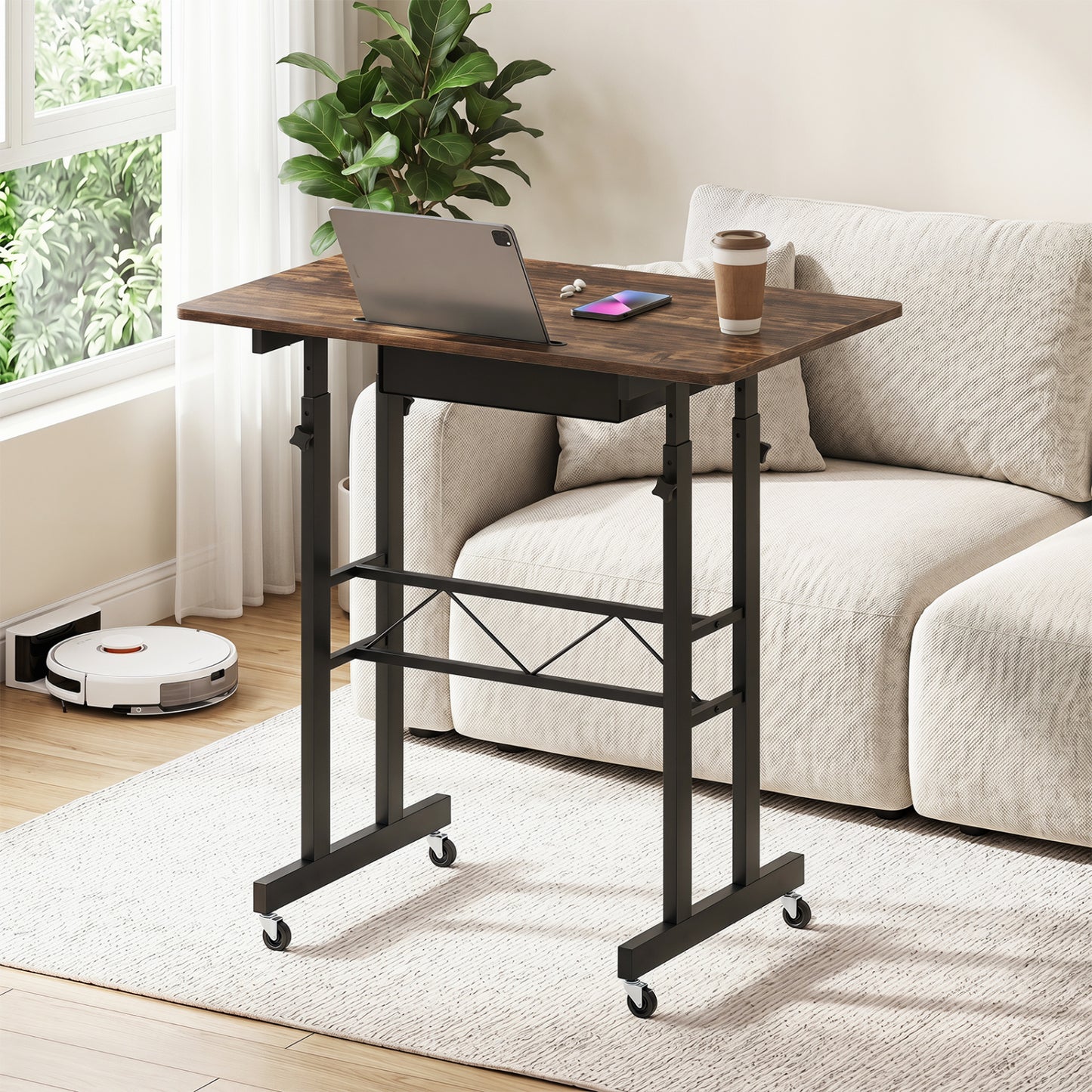 Height Adjustable Laptop Desk With Drawer, Rustic Brown Standing Desks at Gallery Canada