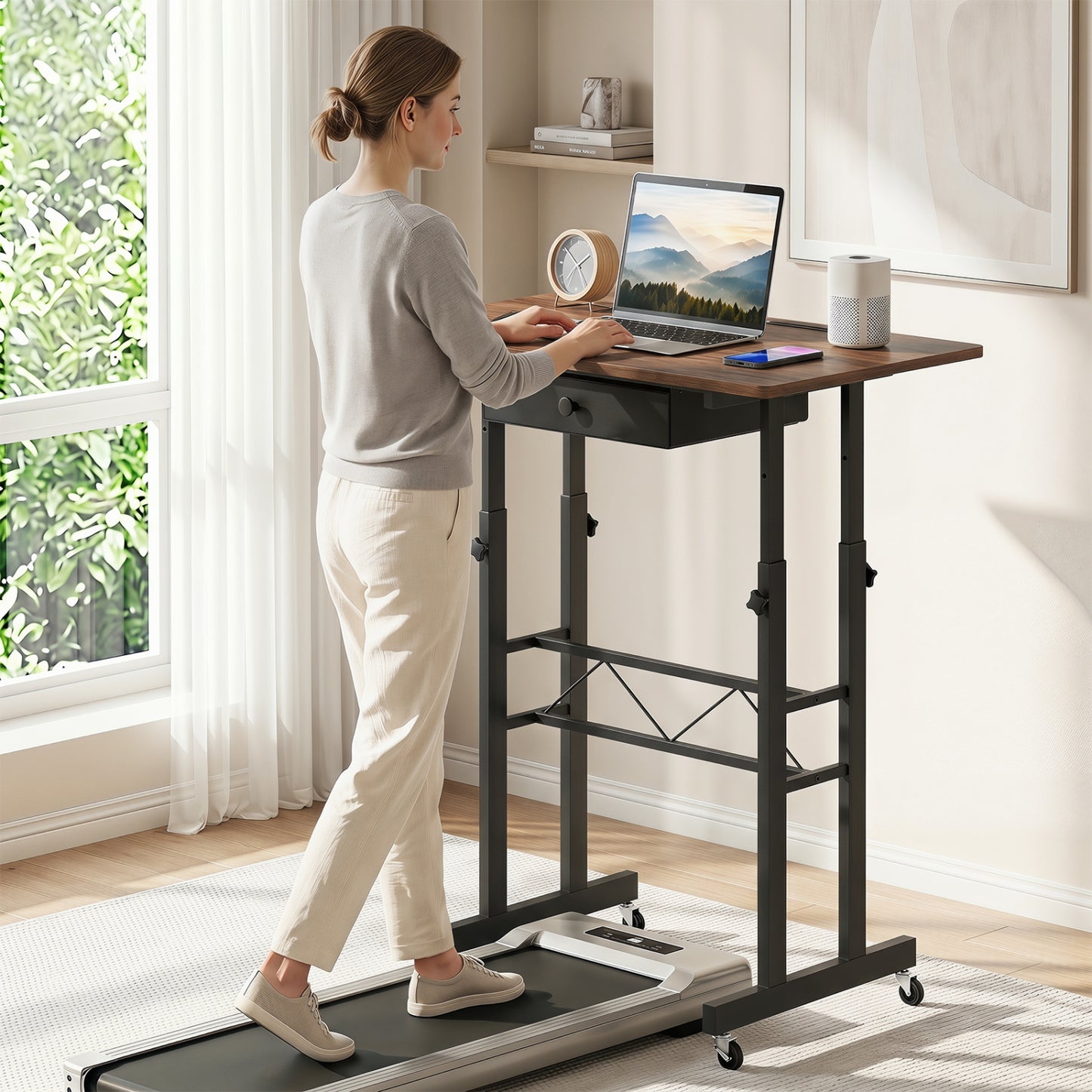 Height Adjustable Laptop Desk With Drawer, Rustic Brown Standing Desks at Gallery Canada