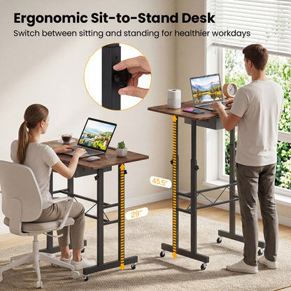 Height Adjustable Laptop Desk With Drawer, Rustic Brown Standing Desks at Gallery Canada