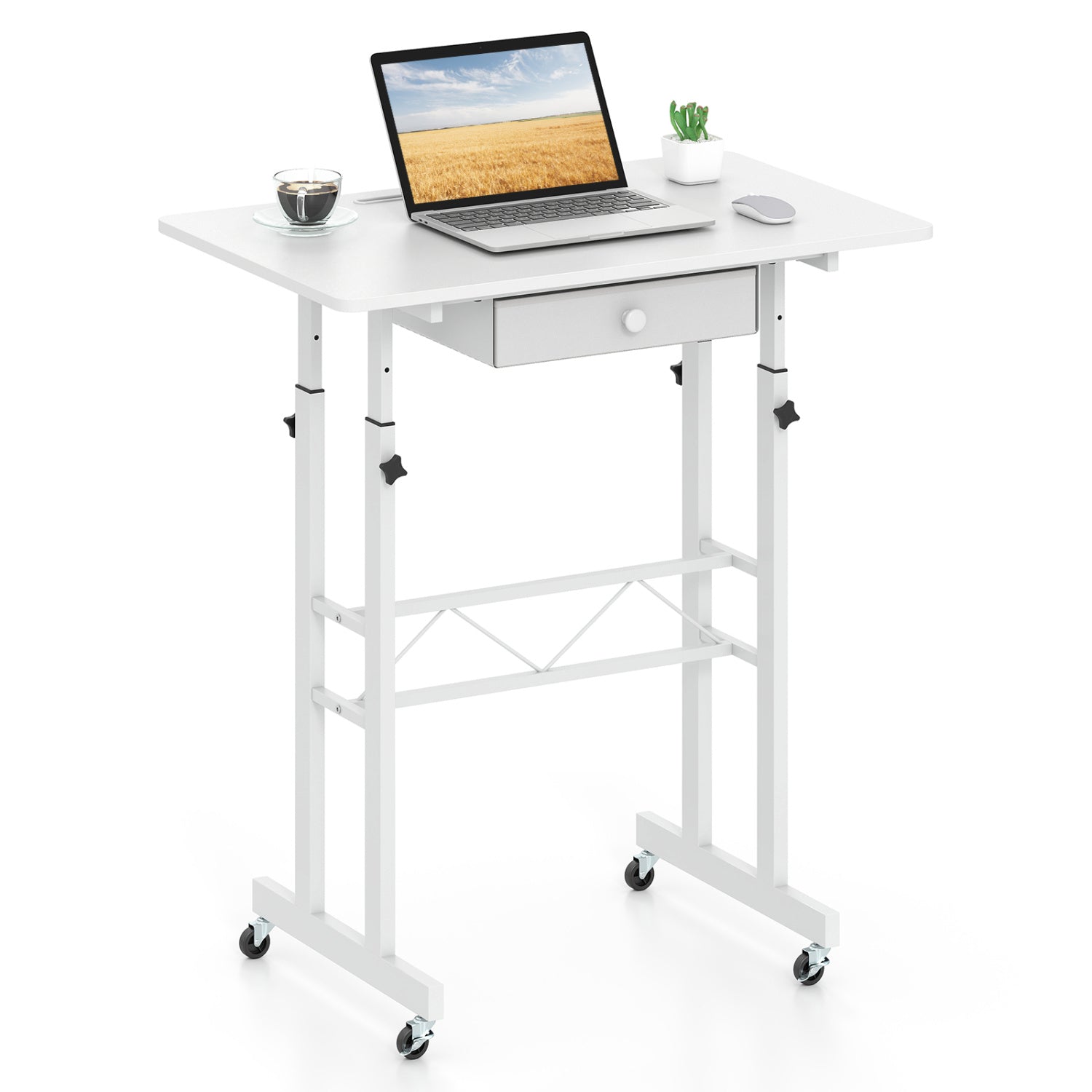 Adjustable Laptop Desk with Drawer and Wheels, White Standing Desks at Gallery Canada