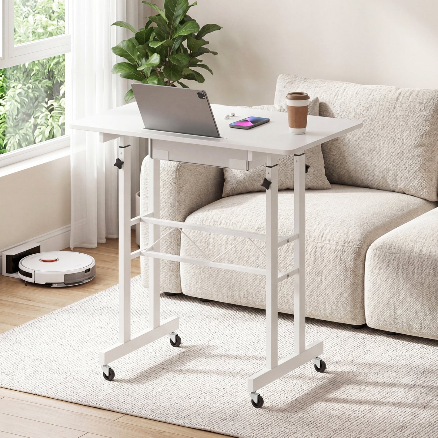 Adjustable Laptop Desk with Drawer and Wheels, White Standing Desks at Gallery Canada