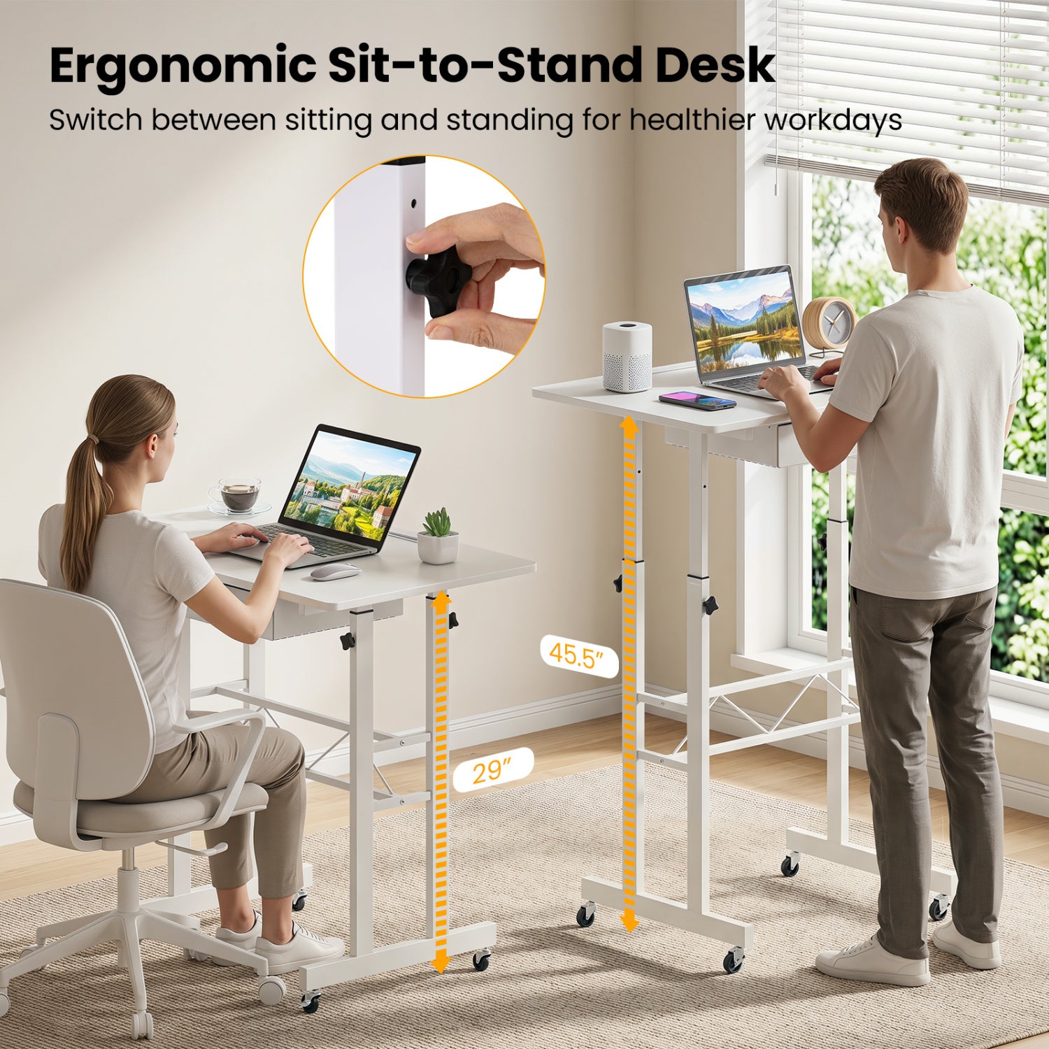 Adjustable Laptop Desk with Drawer and Wheels, White Standing Desks at Gallery Canada
