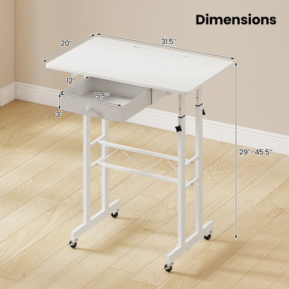 Adjustable Laptop Desk with Drawer and Wheels, White Standing Desks at Gallery Canada